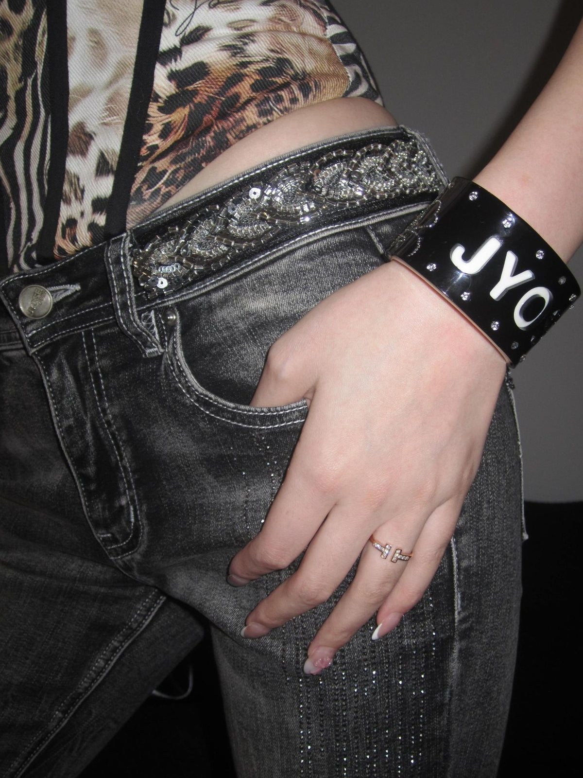 JYOSEI Engraved Acrylic Rhinestone Wide Cuff Open Women&