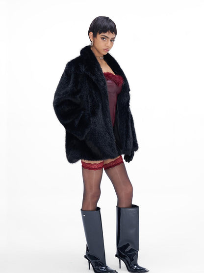 JYOSEI Faux Fox Fur Coat Loose Mid Length Warm Fluffy Jacket