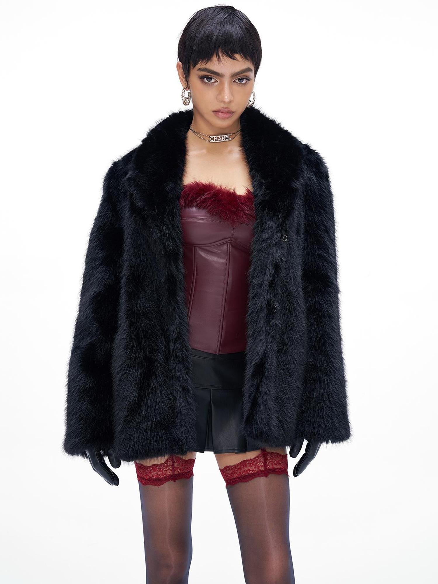 JYOSEI Faux Fox Fur Coat Loose Mid Length Warm Fluffy Jacket