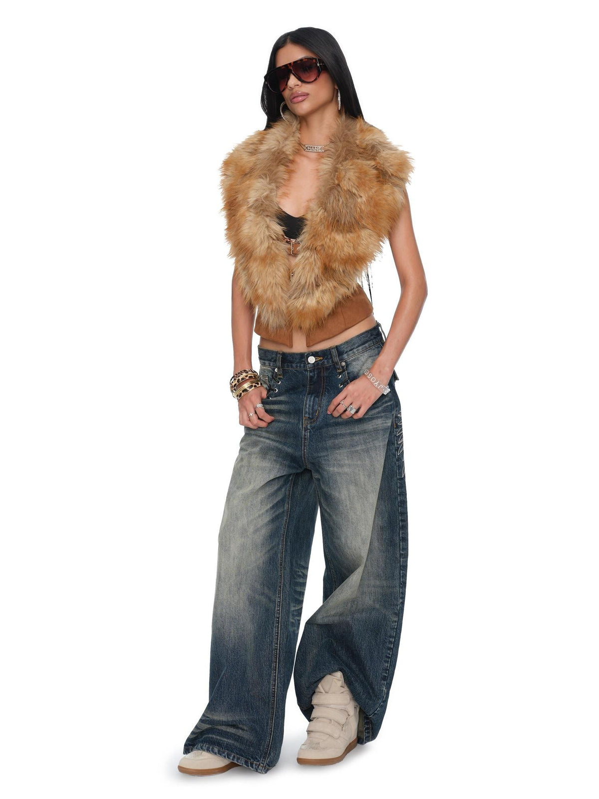 JYOSEI Faux Fur Trim Open Back Spliced Brown Suede Women&