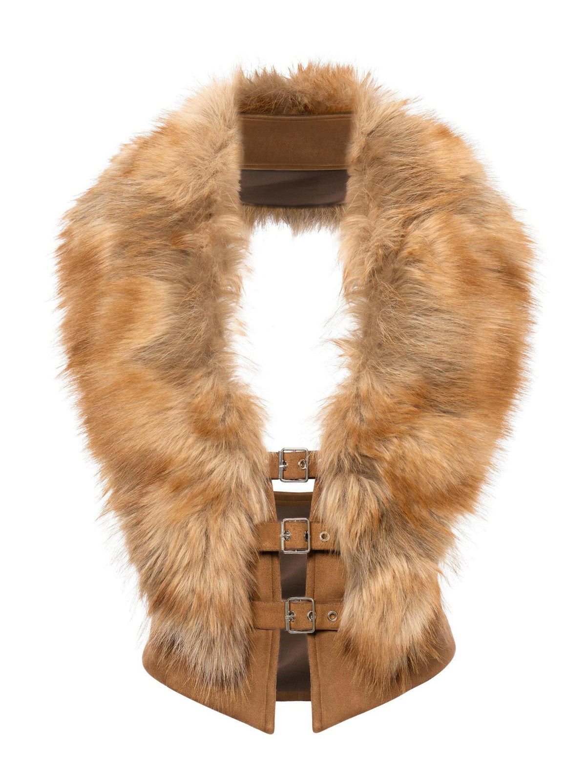 JYOSEI Faux Fur Trim Open Back Spliced Brown Suede Women&