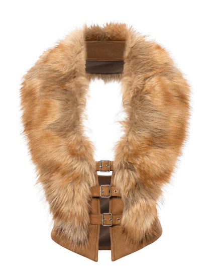 JYOSEI Faux Fur Trim Open Back Spliced Brown Suede Women&