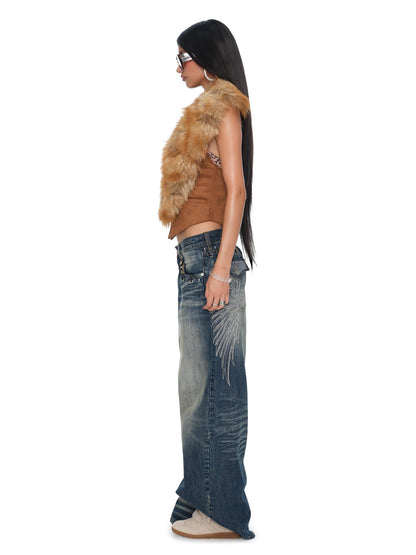JYOSEI Faux Fur Trim Open Back Spliced Brown Suede Women&