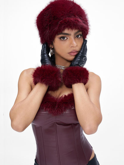 JYOSEI Festive Red Faux Fur Angora Beret For Women Winter Warm Flat Top Hat
