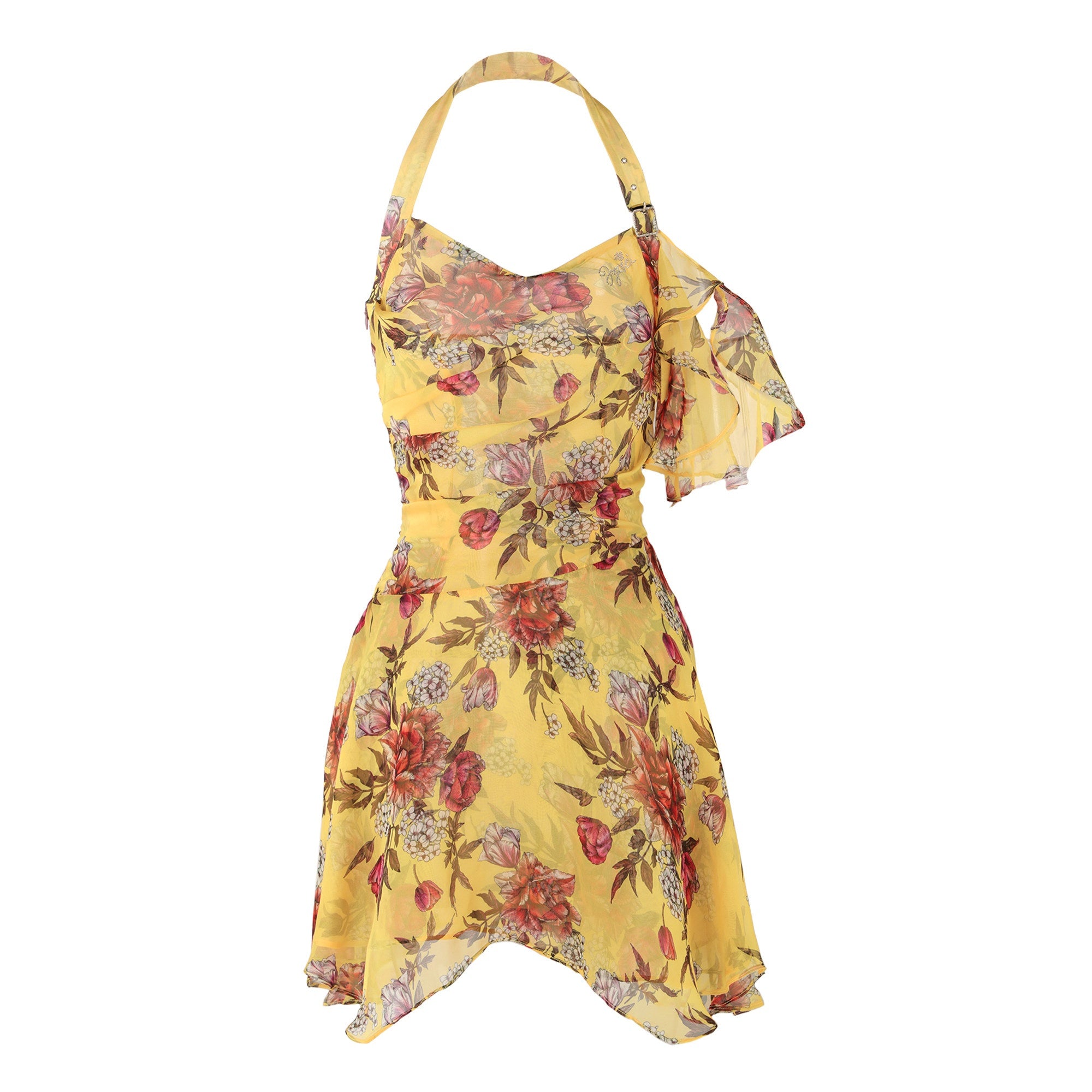 JYOSEI_Flattering_Ruffle_Halter_Slim_Fit_Yellow_Floral_Resort_Waist_Cinch_Mini_Dresses_MISSTT