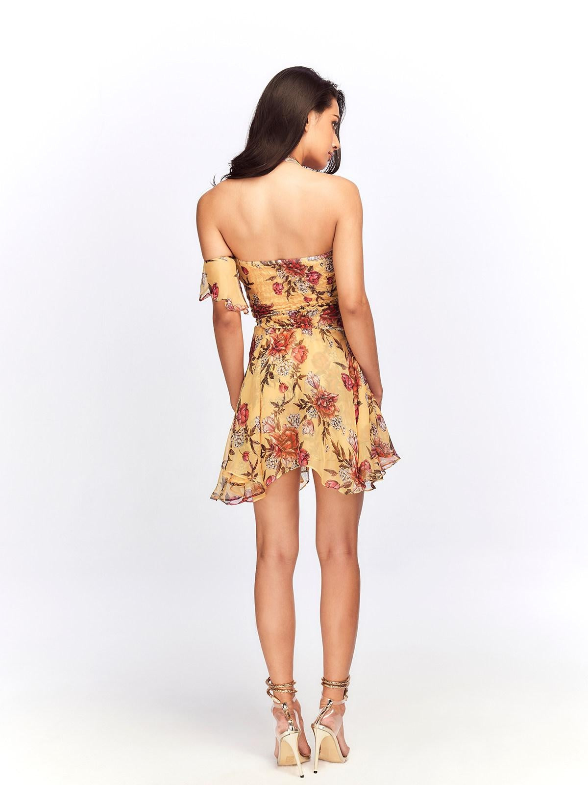 JYOSEI Flattering Ruffle Halter Slim Fit Yellow Floral Resort Waist Cinch Mini Dresses