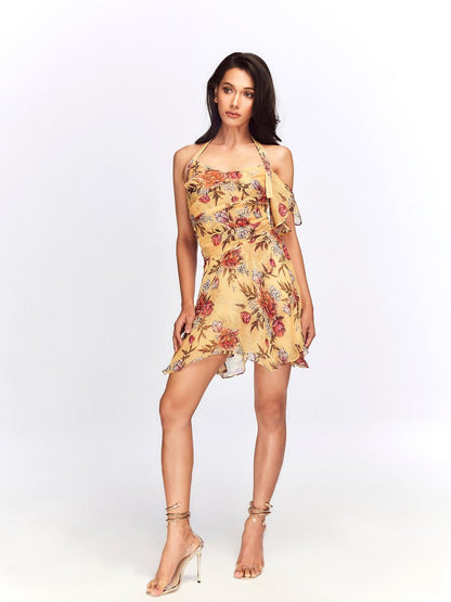 JYOSEI Flattering Ruffle Halter Slim Fit Yellow Floral Resort Waist Cinch Mini Dresses