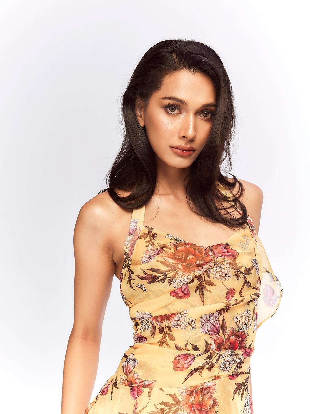 JYOSEI Flattering Ruffle Halter Slim Fit Yellow Floral Resort Waist Cinch Mini Dresses