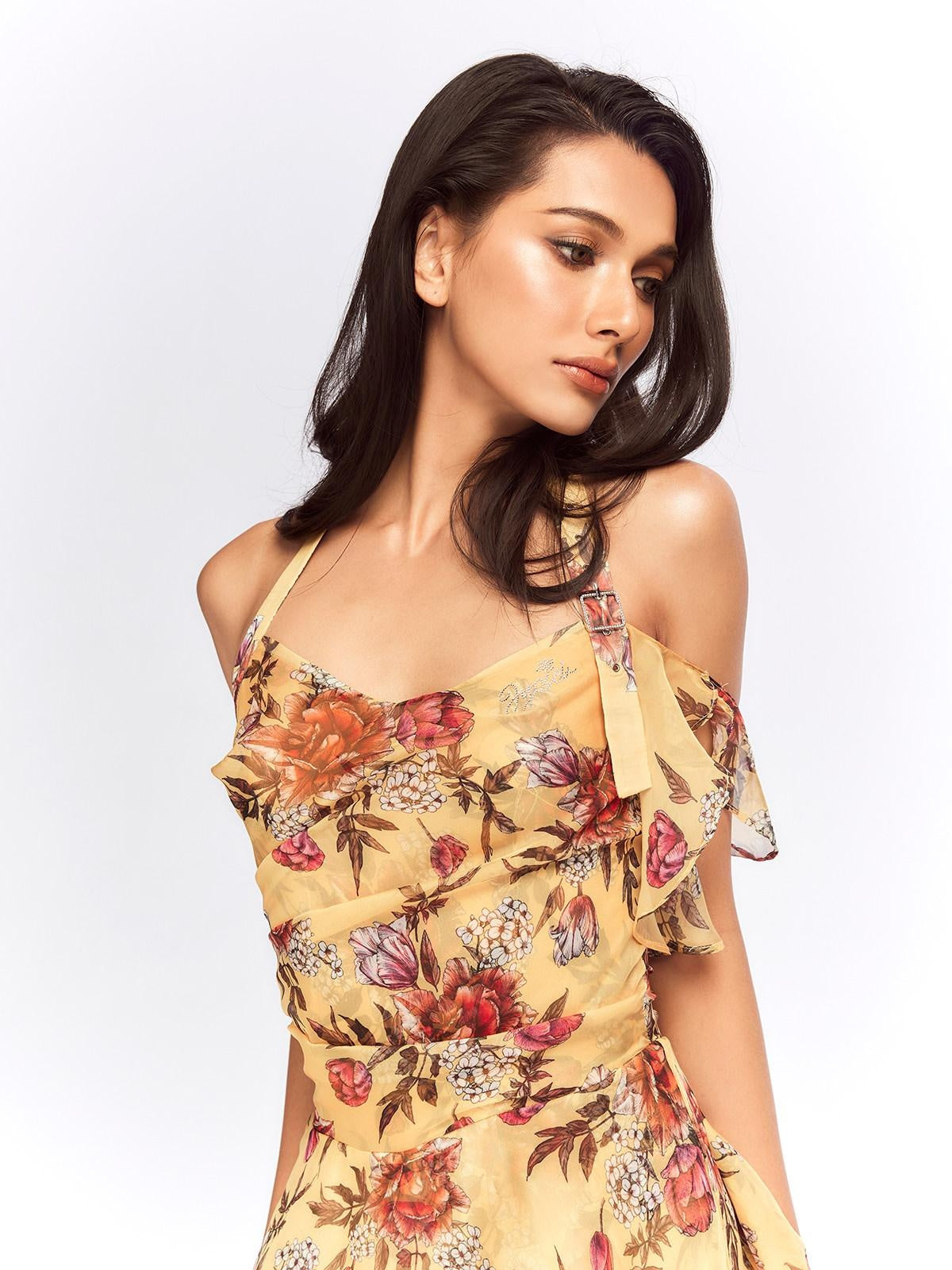 JYOSEI Flattering Ruffle Halter Slim Fit Yellow Floral Resort Waist Cinch Mini Dresses