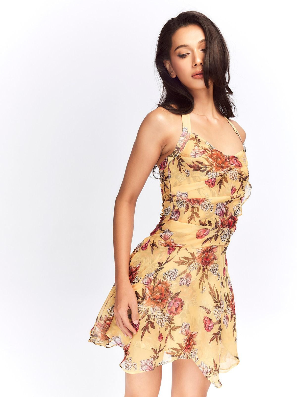 JYOSEI Flattering Ruffle Halter Slim Fit Yellow Floral Resort Waist Cinch Mini Dresses