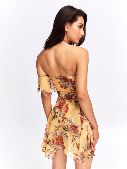 JYOSEI Flattering Ruffle Halter Slim Fit Yellow Floral Resort Waist Cinch Mini Dresses