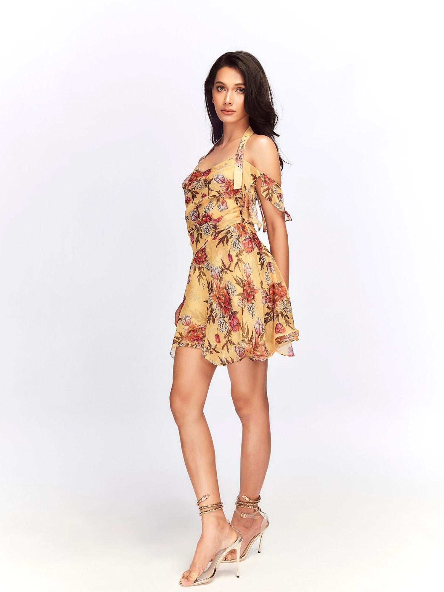 JYOSEI Flattering Ruffle Halter Slim Fit Yellow Floral Resort Waist Cinch Mini Dresses