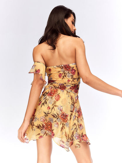 JYOSEI Flattering Ruffle Halter Slim Fit Yellow Floral Resort Waist Cinch Mini Dresses