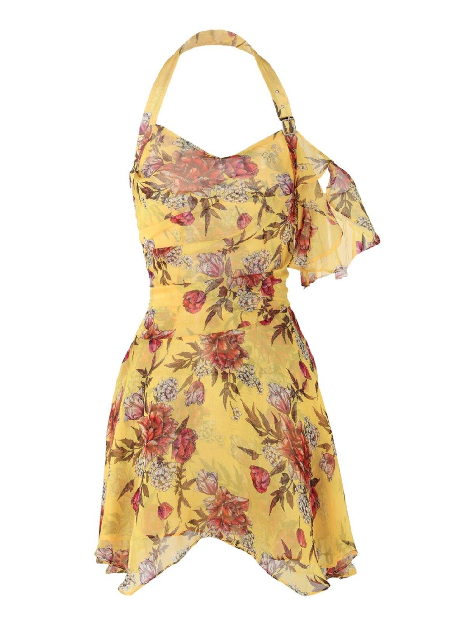 JYOSEI Flattering Ruffle Halter Slim Fit Yellow Floral Resort Waist Cinch Mini Dresses