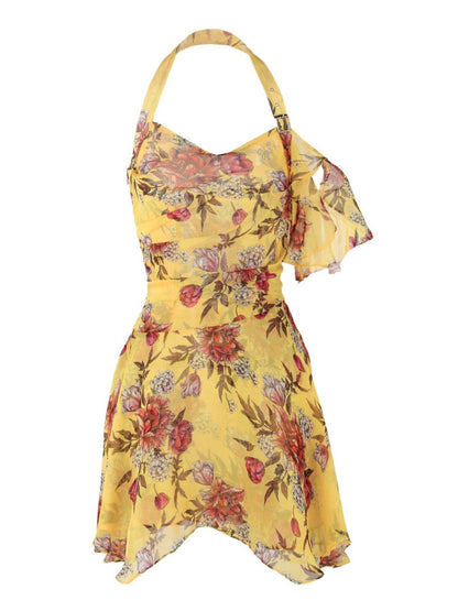 JYOSEI Flattering Ruffle Halter Slim Fit Yellow Floral Resort Waist Cinch Mini Dresses