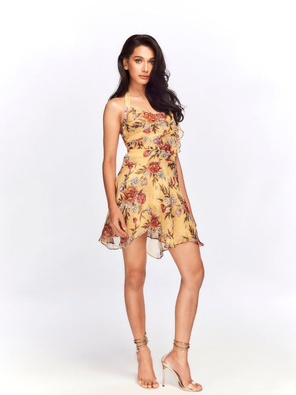 JYOSEI Flattering Ruffle Halter Slim Fit Yellow Floral Resort Waist Cinch Mini Dresses