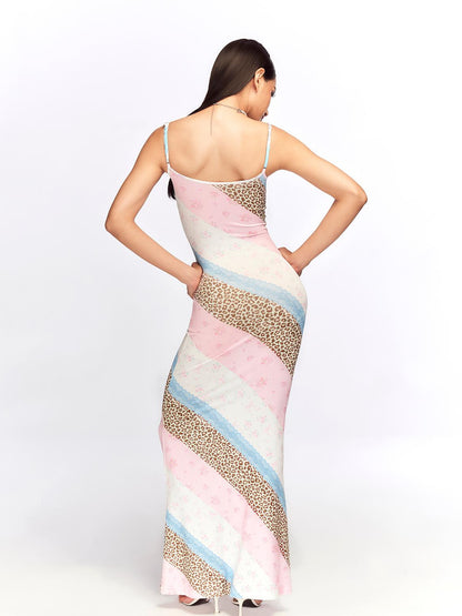 JYOSEI Floral Lace Trimmed Slip Dress with Leopard Print