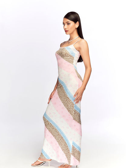 JYOSEI Floral Lace Trimmed Slip Dress with Leopard Print
