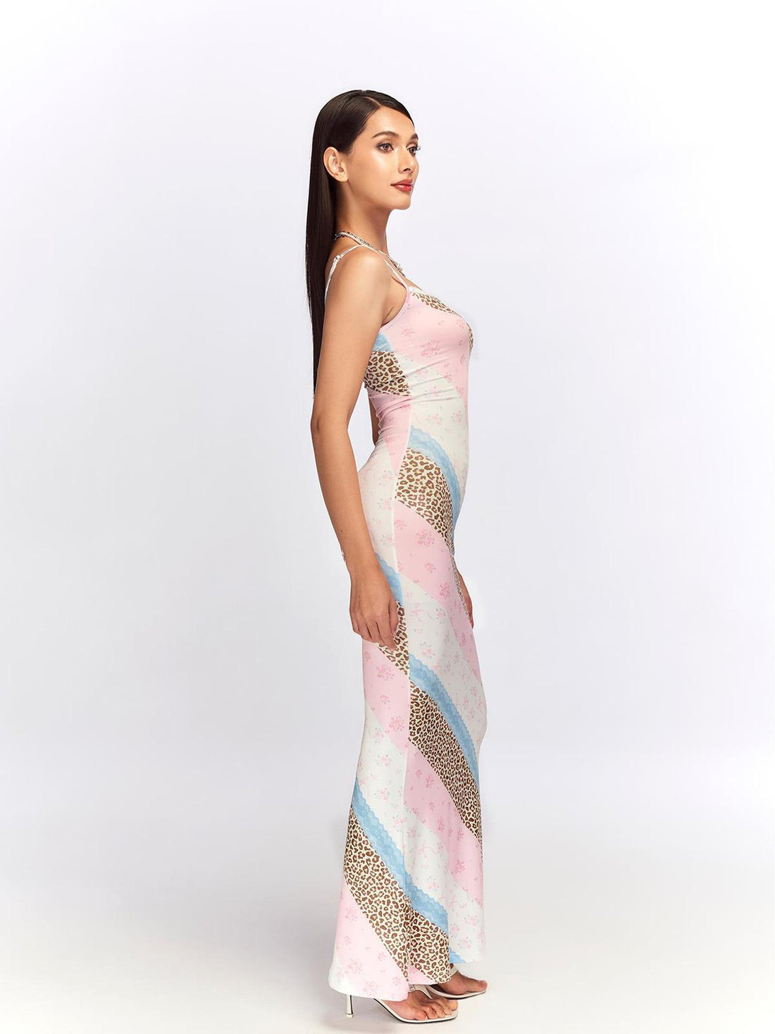 JYOSEI Floral Lace Trimmed Slip Dress with Leopard Print