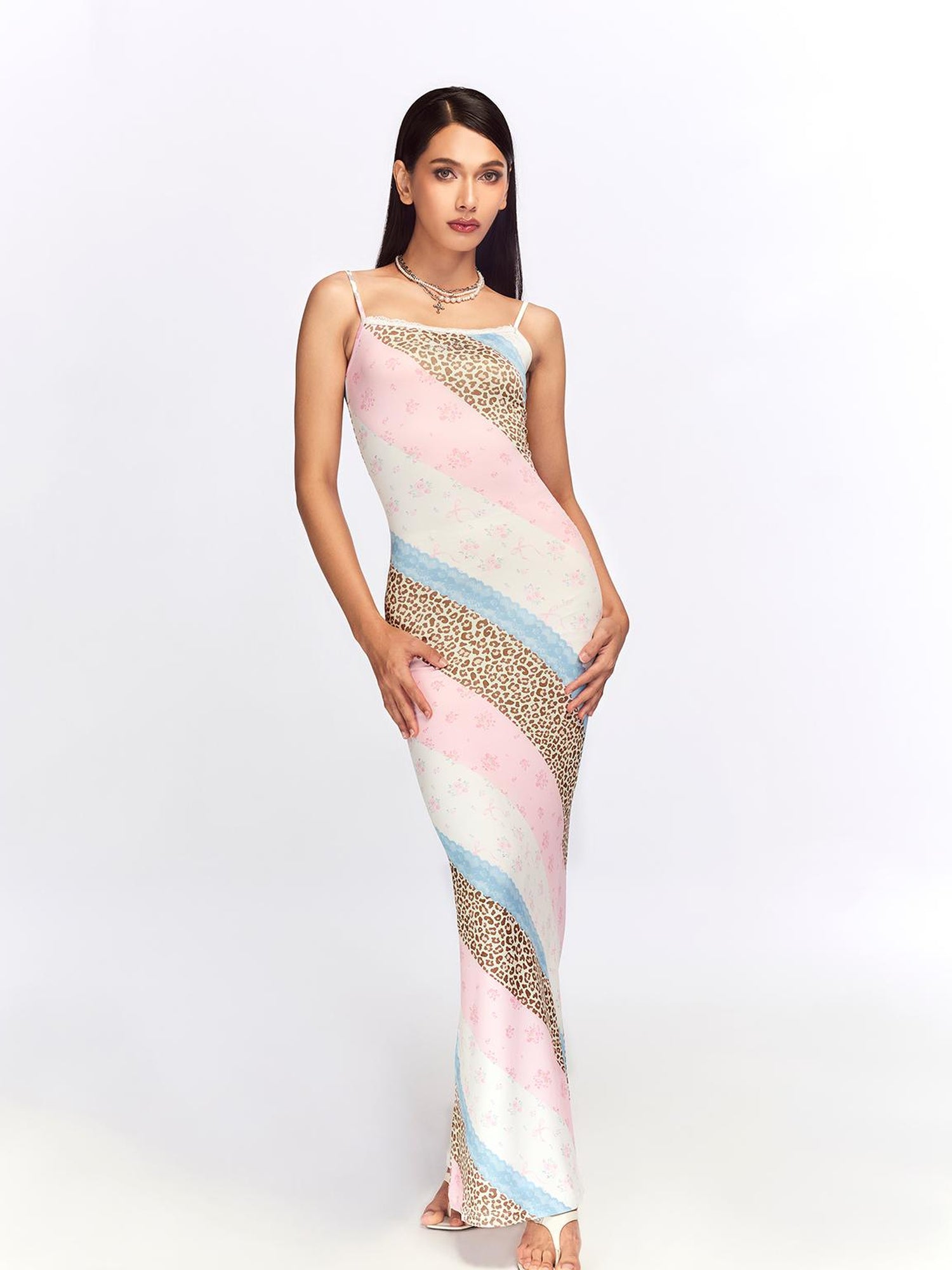 JYOSEI Floral Lace Trimmed Slip Dress with Leopard Print