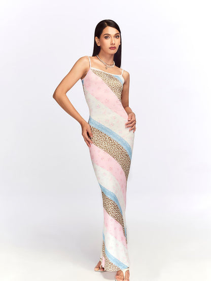 JYOSEI Floral Lace Trimmed Slip Dress with Leopard Print