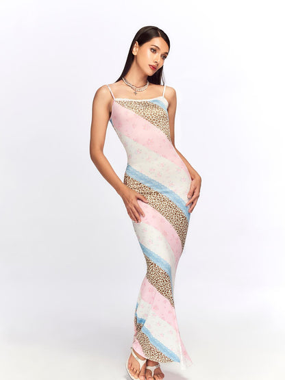 JYOSEI Floral Lace Trimmed Slip Dress with Leopard Print