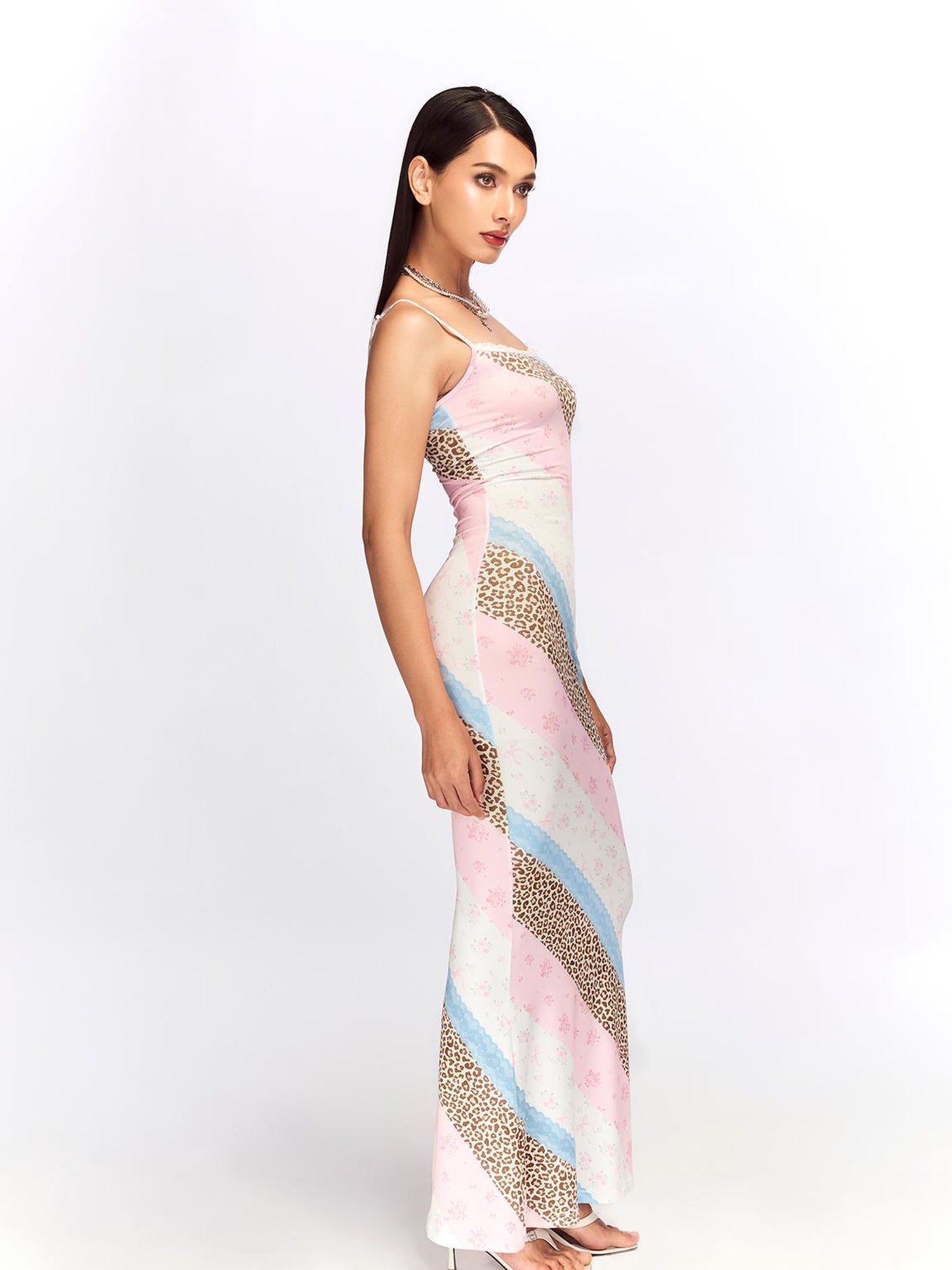 JYOSEI Floral Lace Trimmed Slip Dress with Leopard Print
