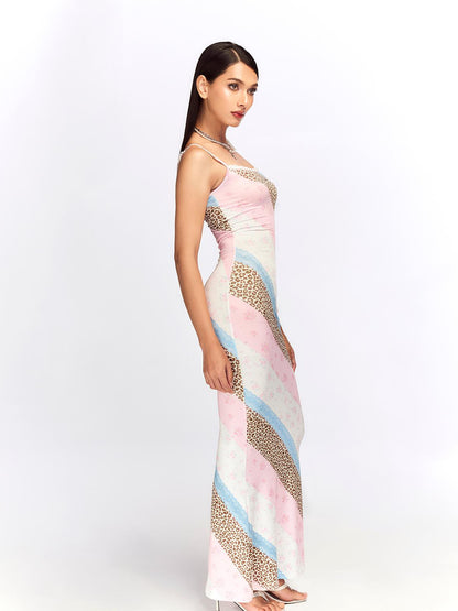 JYOSEI Floral Lace Trimmed Slip Dress with Leopard Print