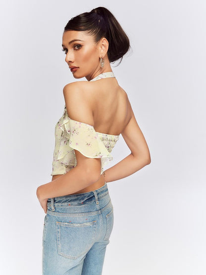 JYOSEI Floral Print Asymmetric One Shoulder Open Back Halter Women&