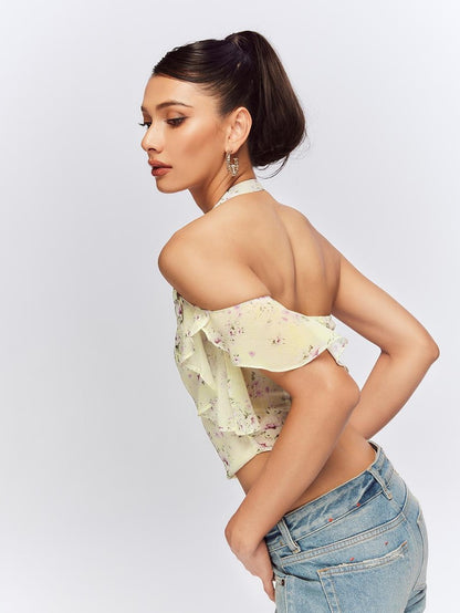 JYOSEI Floral Print Asymmetric One Shoulder Open Back Halter Women&