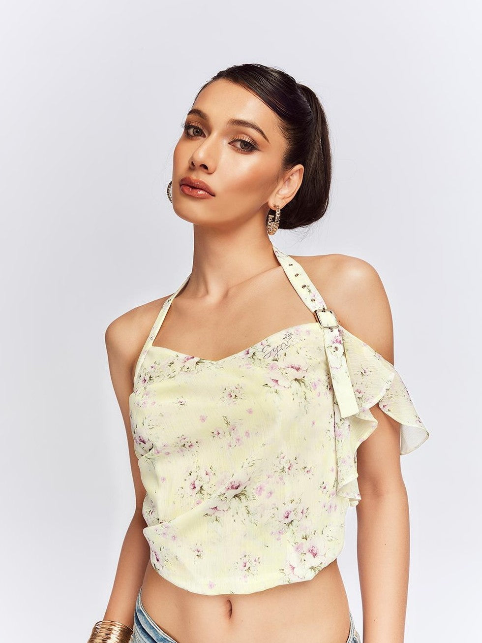 JYOSEI Floral Print Asymmetric One Shoulder Open Back Halter Women&