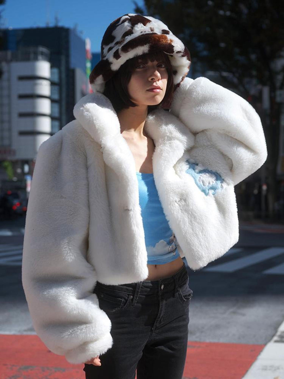 JYOSEI Fluffy White Faux Rabbit Fur Short Winter Coat For Women