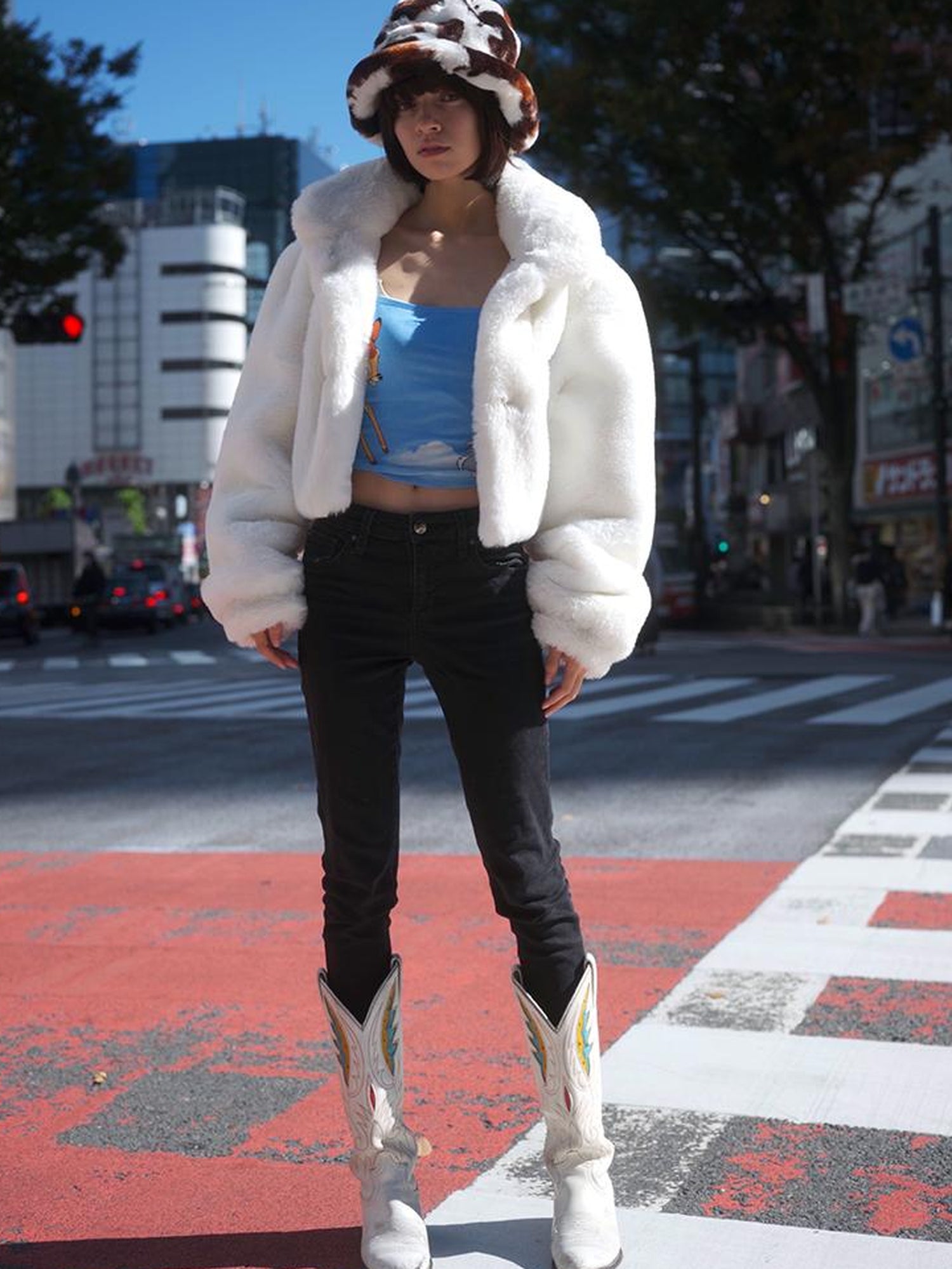 JYOSEI Fluffy White Faux Rabbit Fur Short Winter Coat For Women