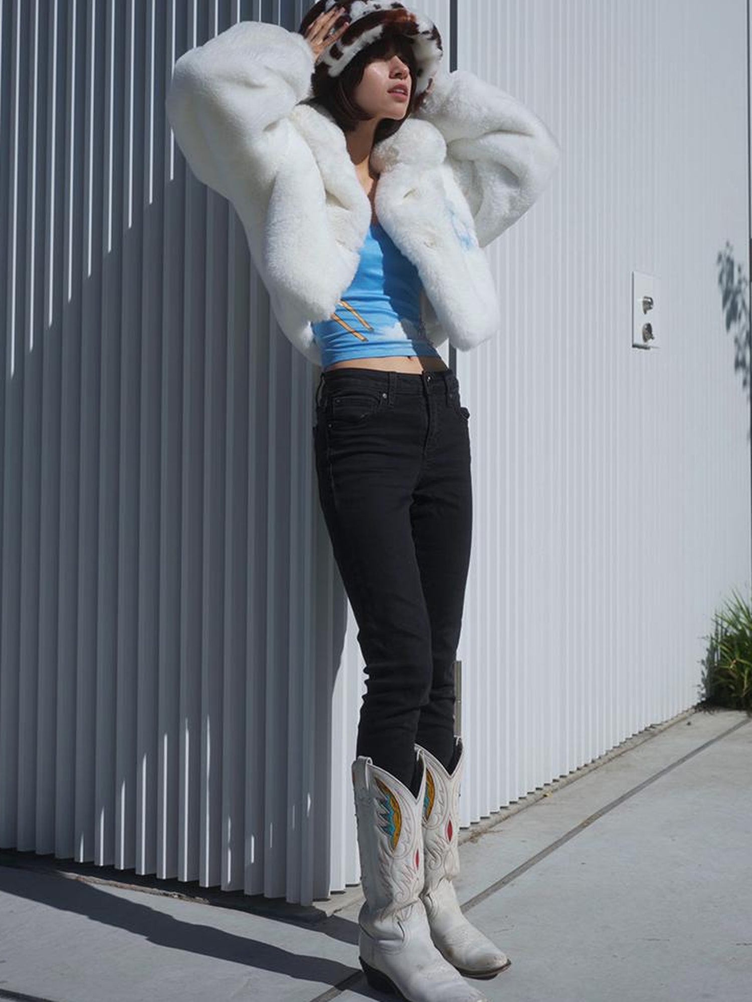 JYOSEI Fluffy White Faux Rabbit Fur Short Winter Coat For Women