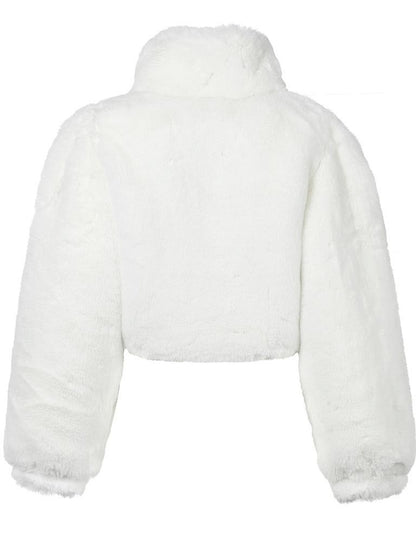 JYOSEI Fluffy White Faux Rabbit Fur Short Winter Coat For Women