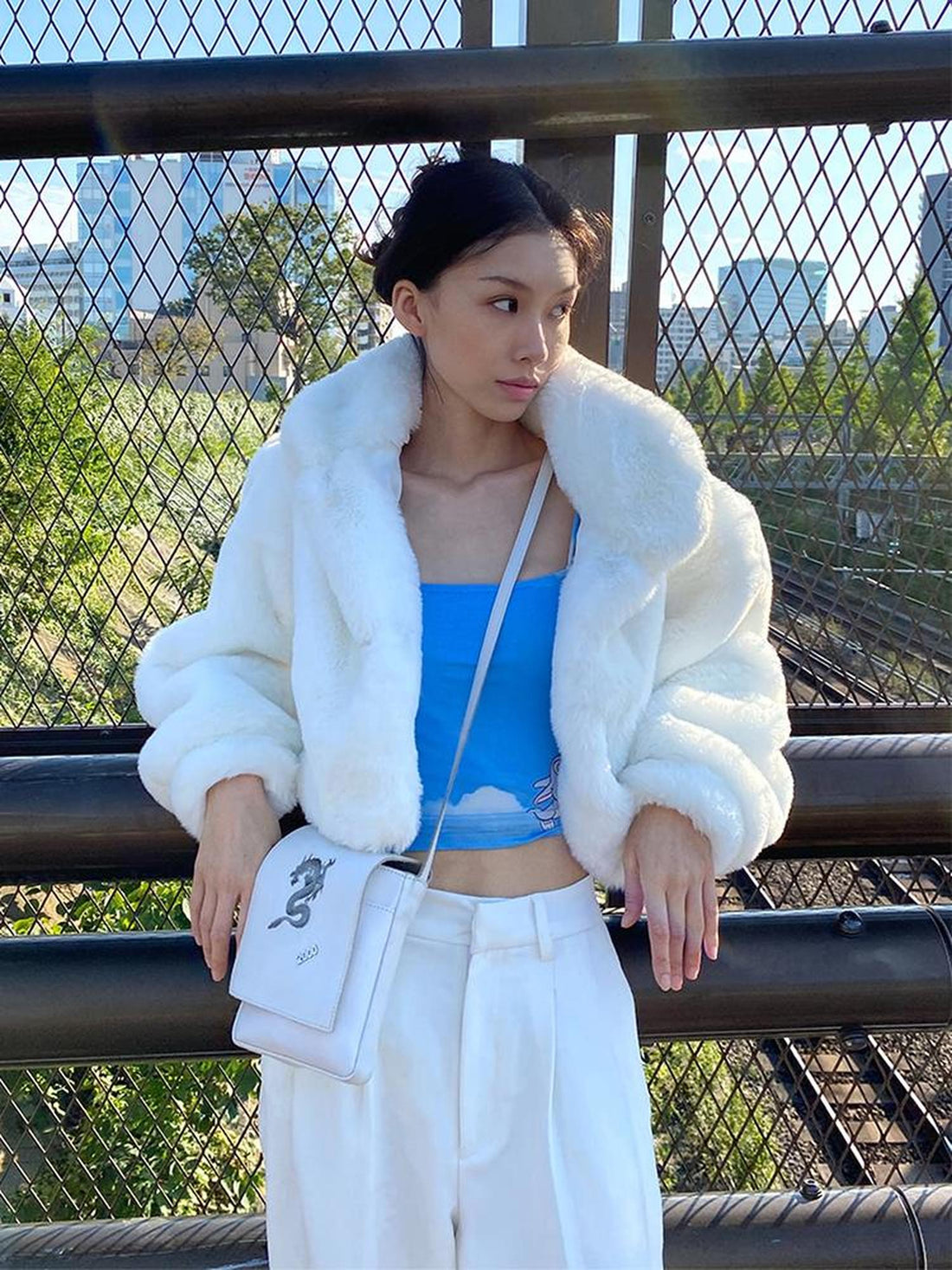 JYOSEI Fluffy White Faux Rabbit Fur Short Winter Coat For Women