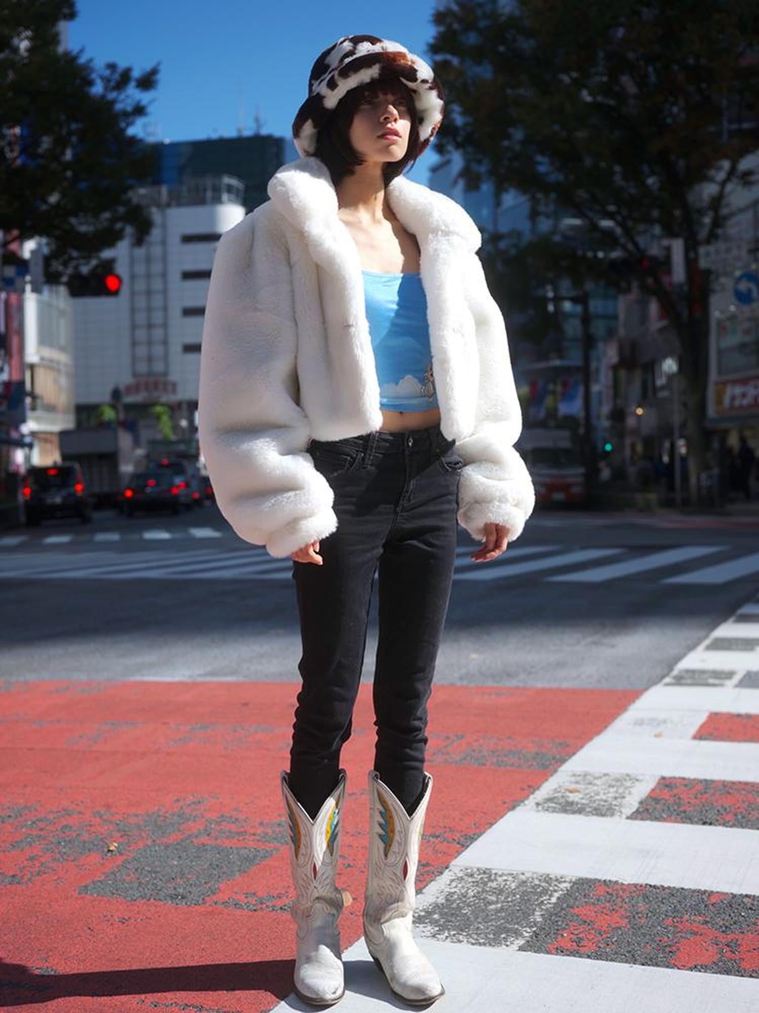 JYOSEI Fluffy White Faux Rabbit Fur Short Winter Coat For Women