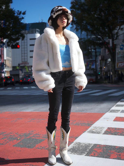 JYOSEI Fluffy White Faux Rabbit Fur Short Winter Coat For Women