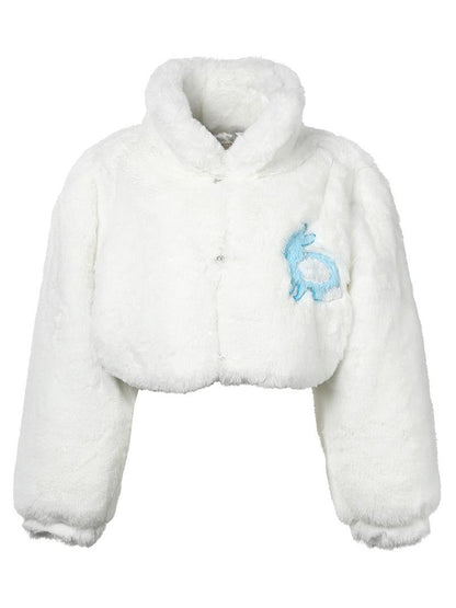 JYOSEI Fluffy White Faux Rabbit Fur Short Winter Coat For Women