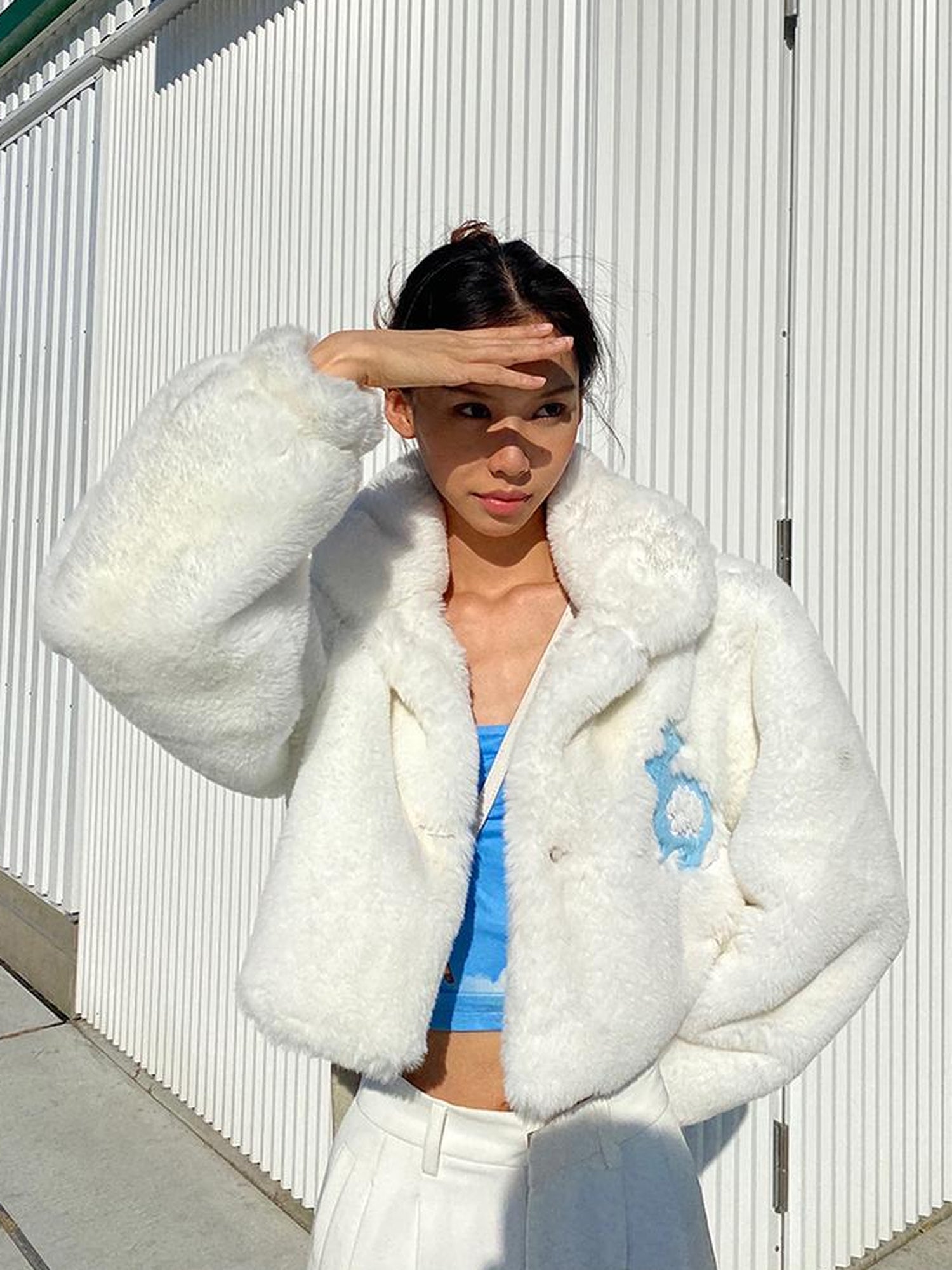 JYOSEI Fluffy White Faux Rabbit Fur Short Winter Coat For Women