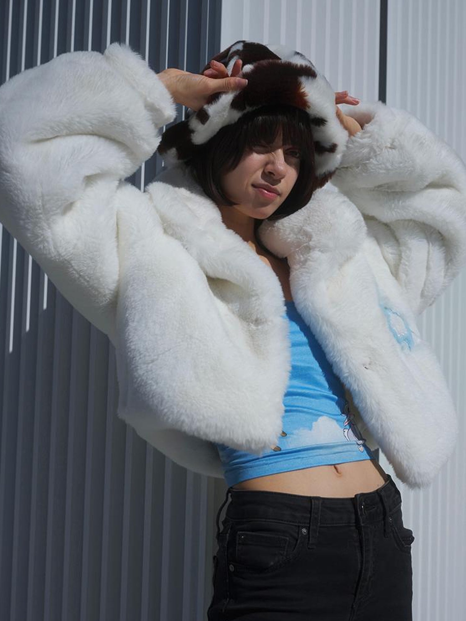 JYOSEI Fluffy White Faux Rabbit Fur Short Winter Coat For Women