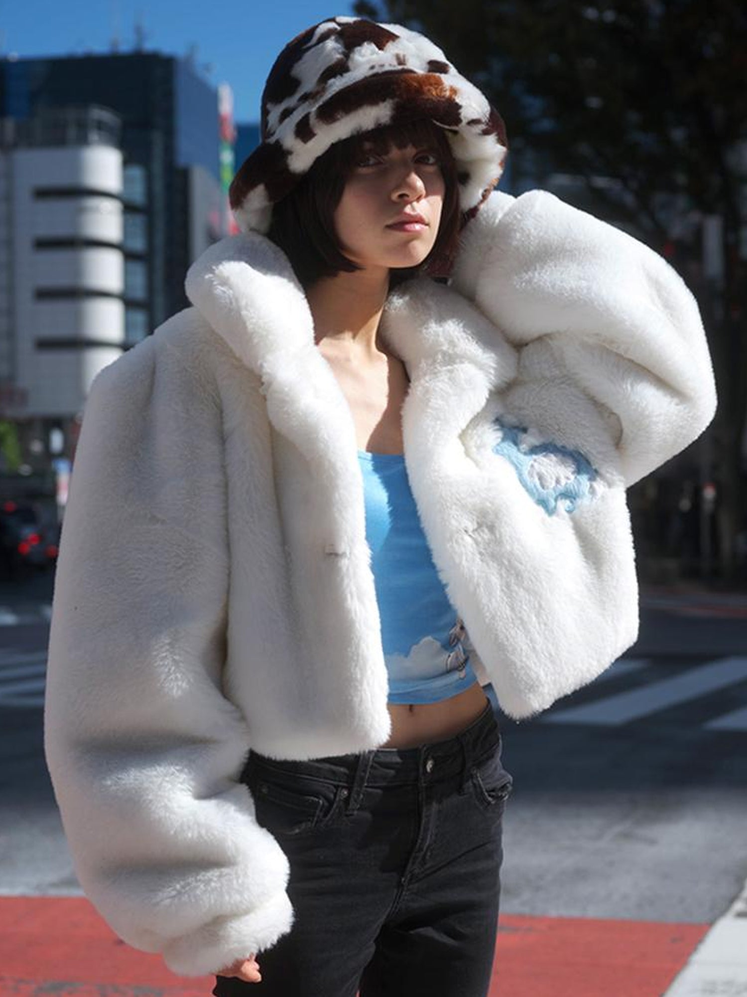JYOSEI Fluffy White Faux Rabbit Fur Short Winter Coat For Women