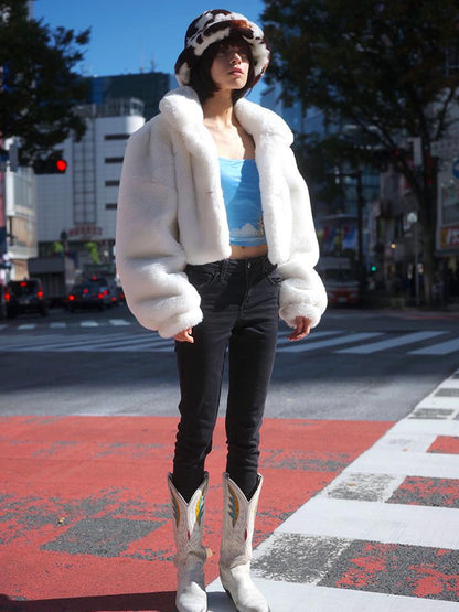JYOSEI Fluffy White Faux Rabbit Fur Short Winter Coat For Women
