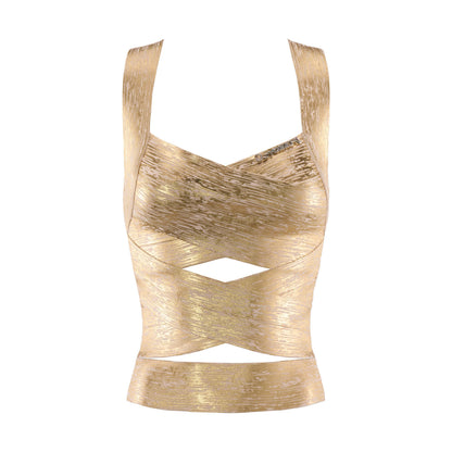 JYOSEI_Gold_Foil_Crisscross_Tie_Backless_V-neck_Fitted_Women&