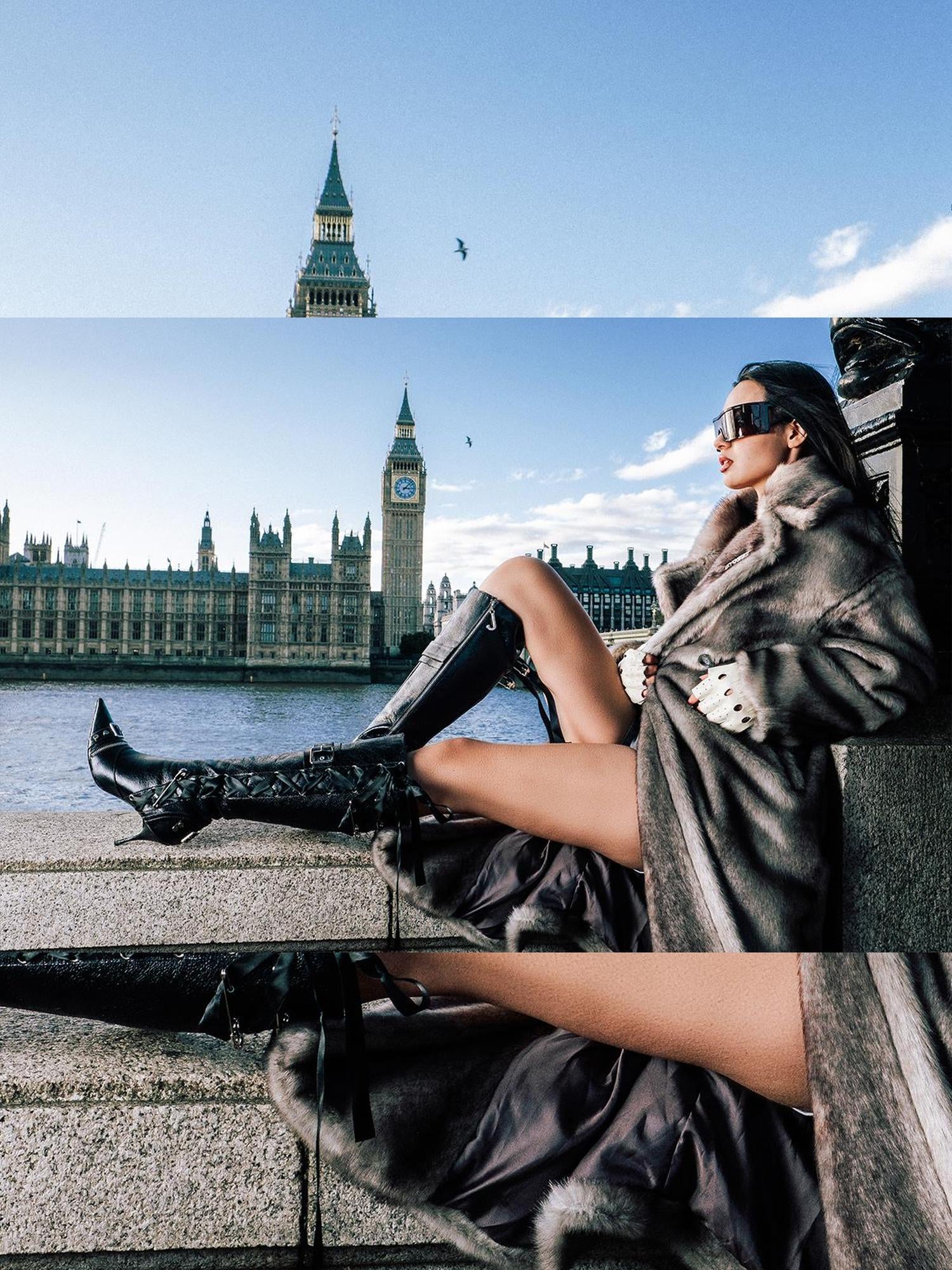 JYOSEI Gradient Gray Long Faux Fur Coat Women Winter Oversized Jacket
