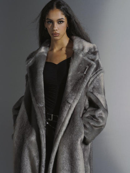 JYOSEI Gradient Gray Long Faux Fur Coat Women Winter Oversized Jacket
