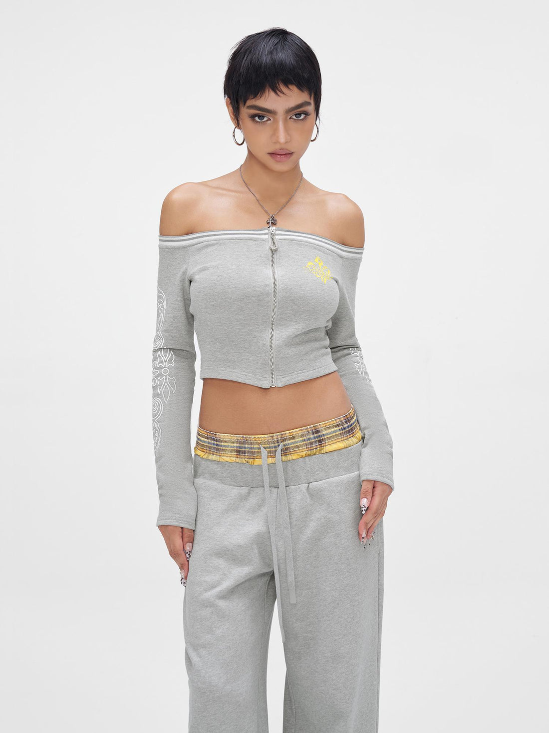 JYOSEI Gray Print Drop Shoulder Hoodie Sagging Jogger Set