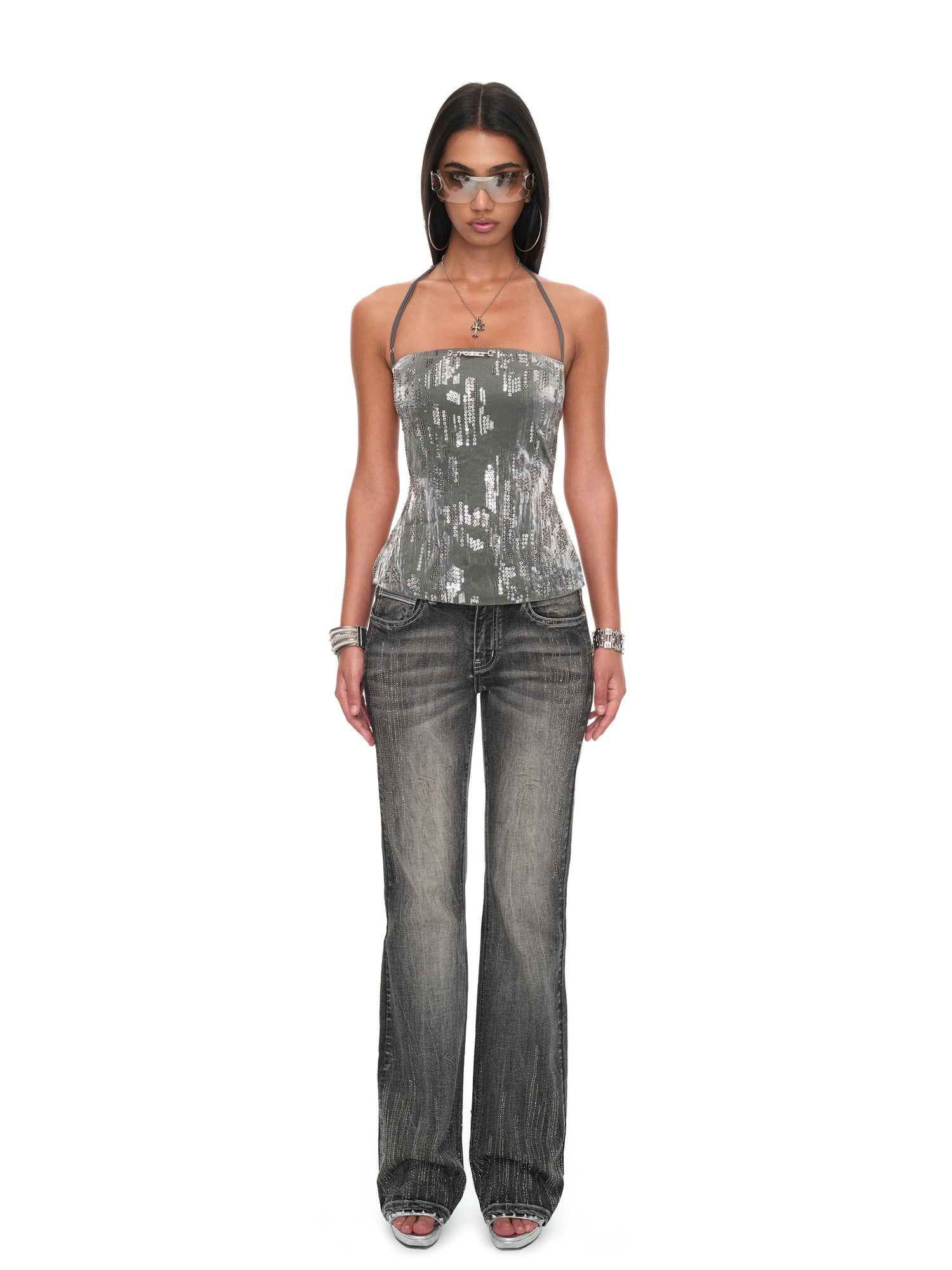 JYOSEI Gray Sequin Backless Strappy Bandage Women&