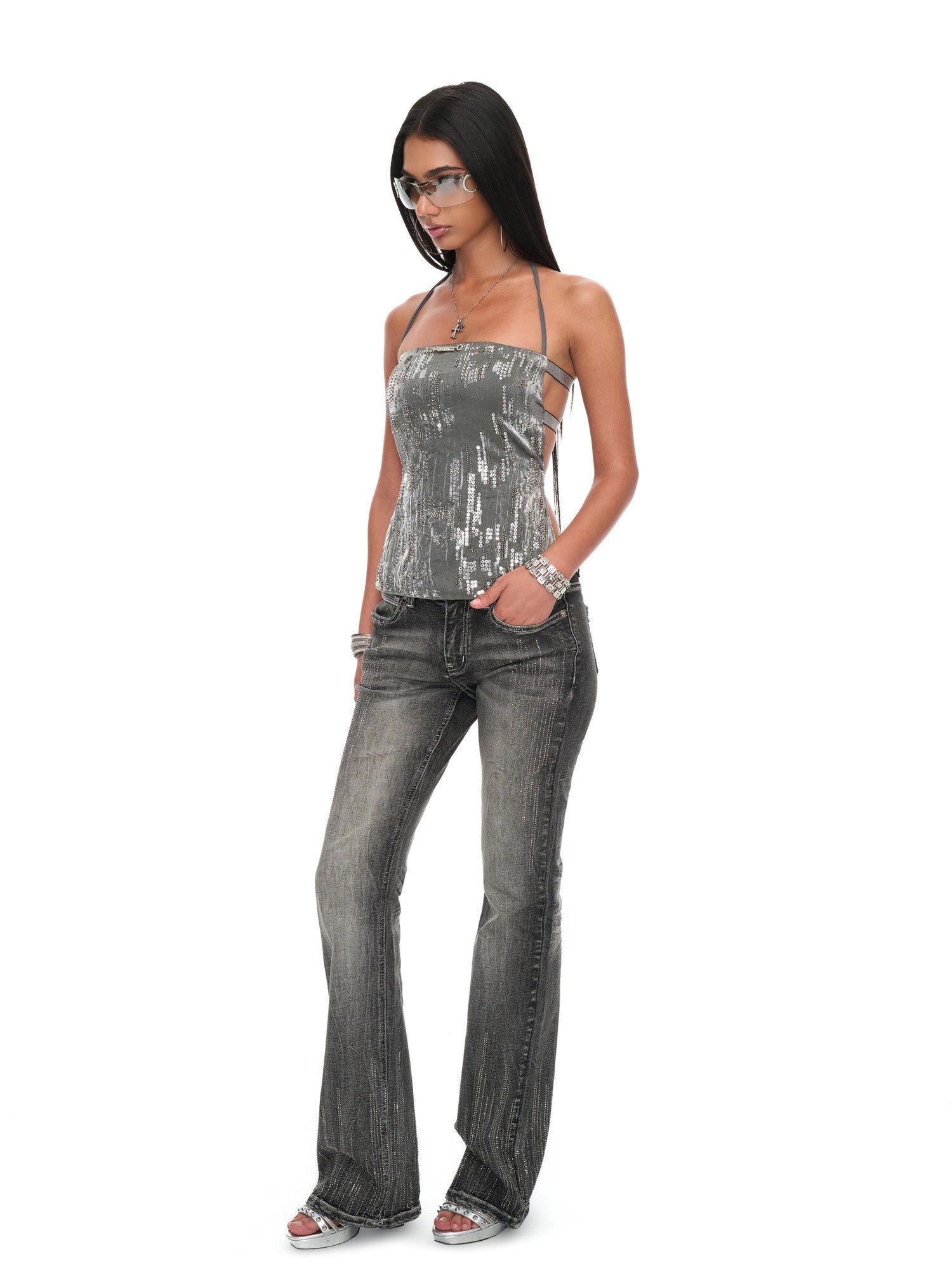 JYOSEI Gray Sequin Backless Strappy Bandage Women&