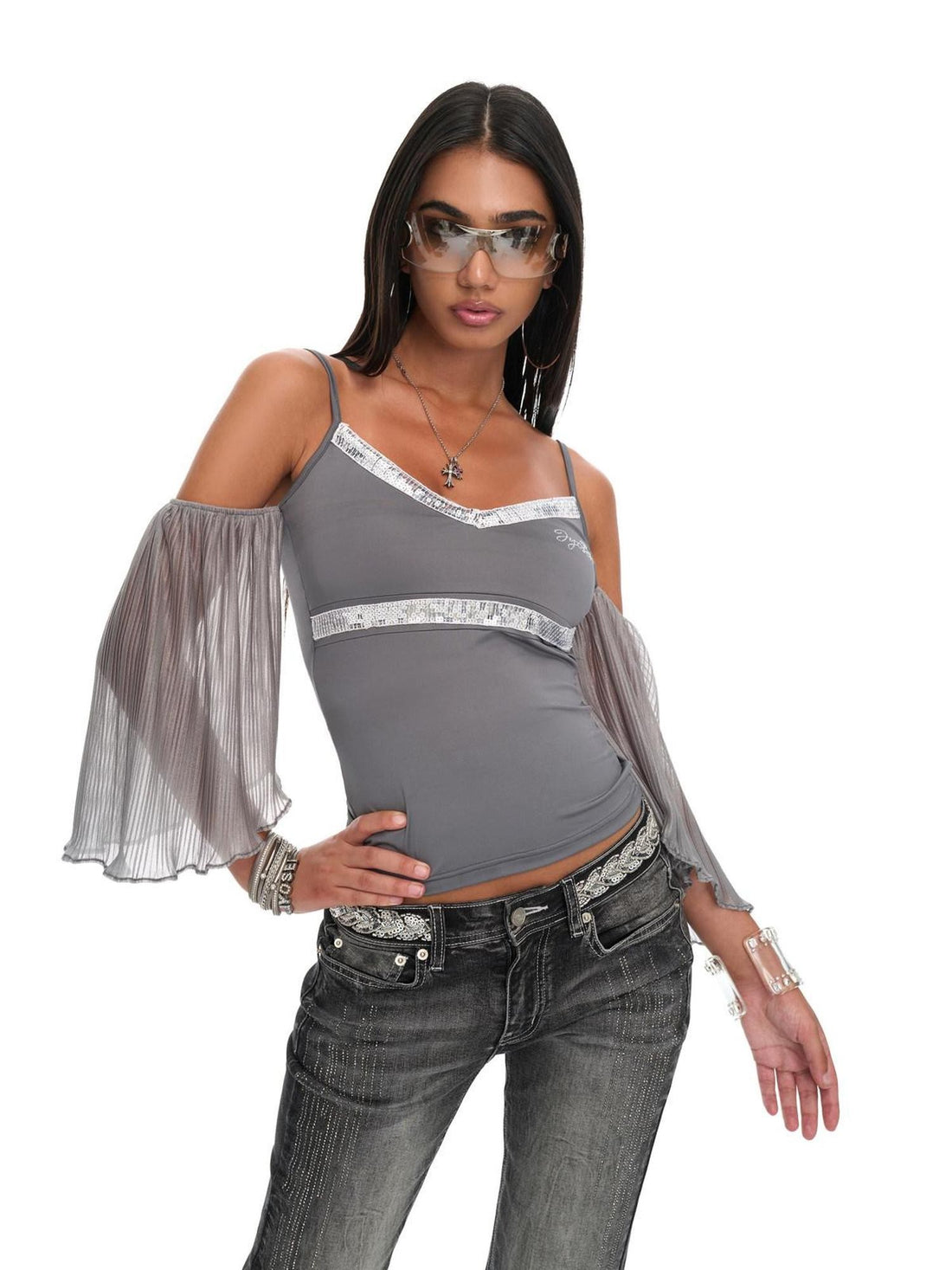 JYOSEI Gray Sequin V-neck Off Shoulder Women&